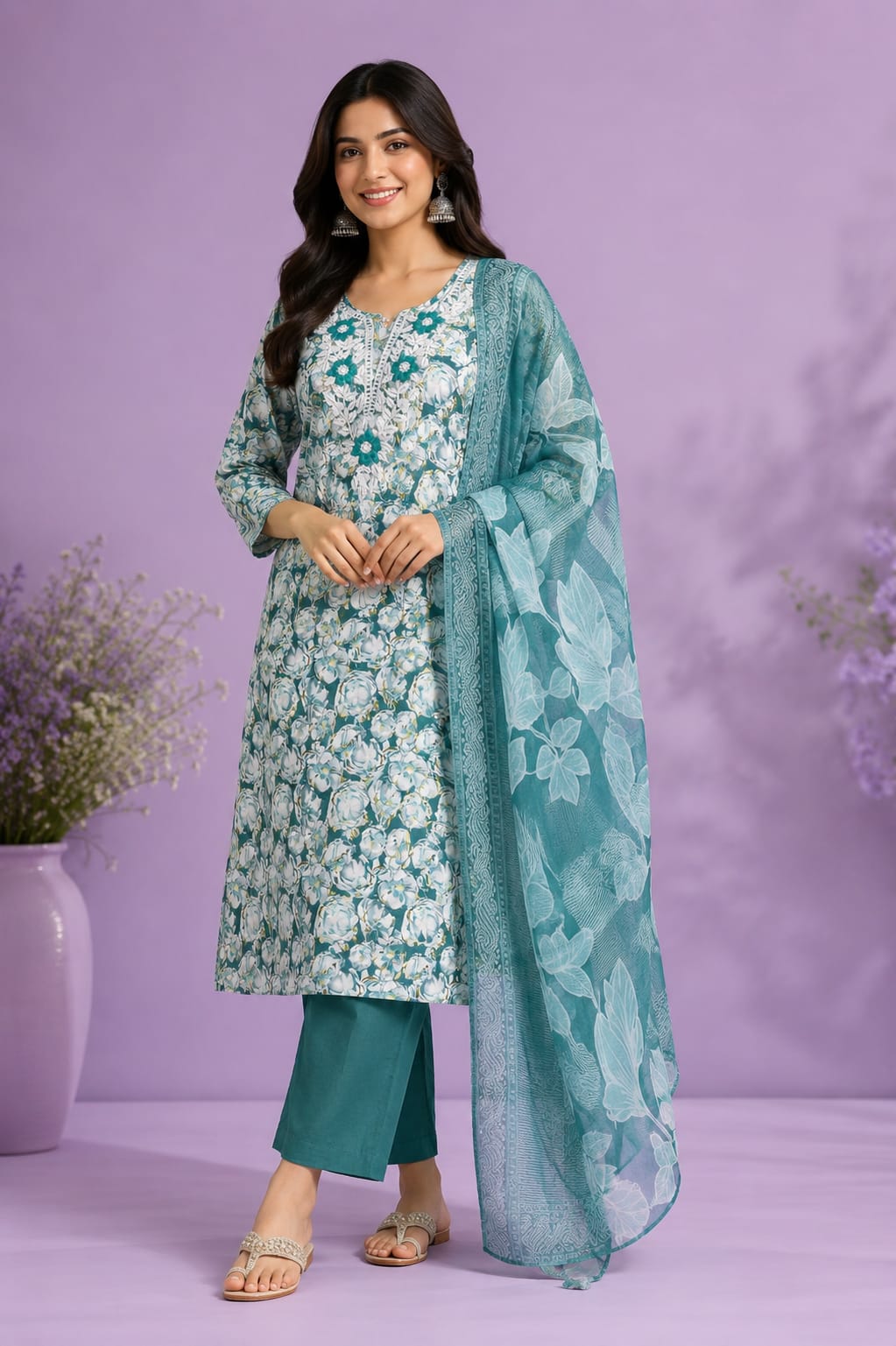 Blue Cotton Floral Printed Straight Kurti Set