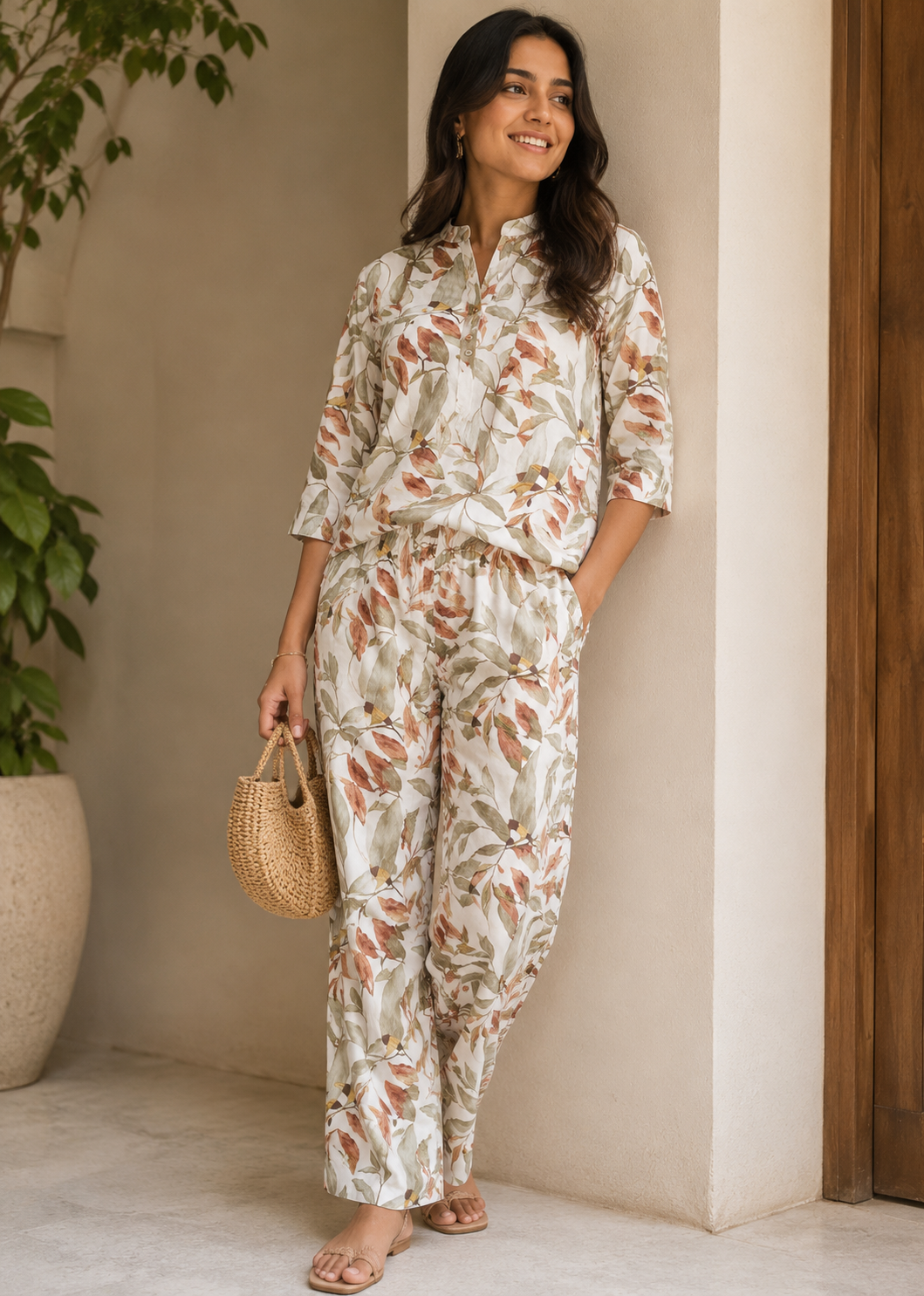 Ivory Floral Printed Co-Ord Set for Women (2-Piece)