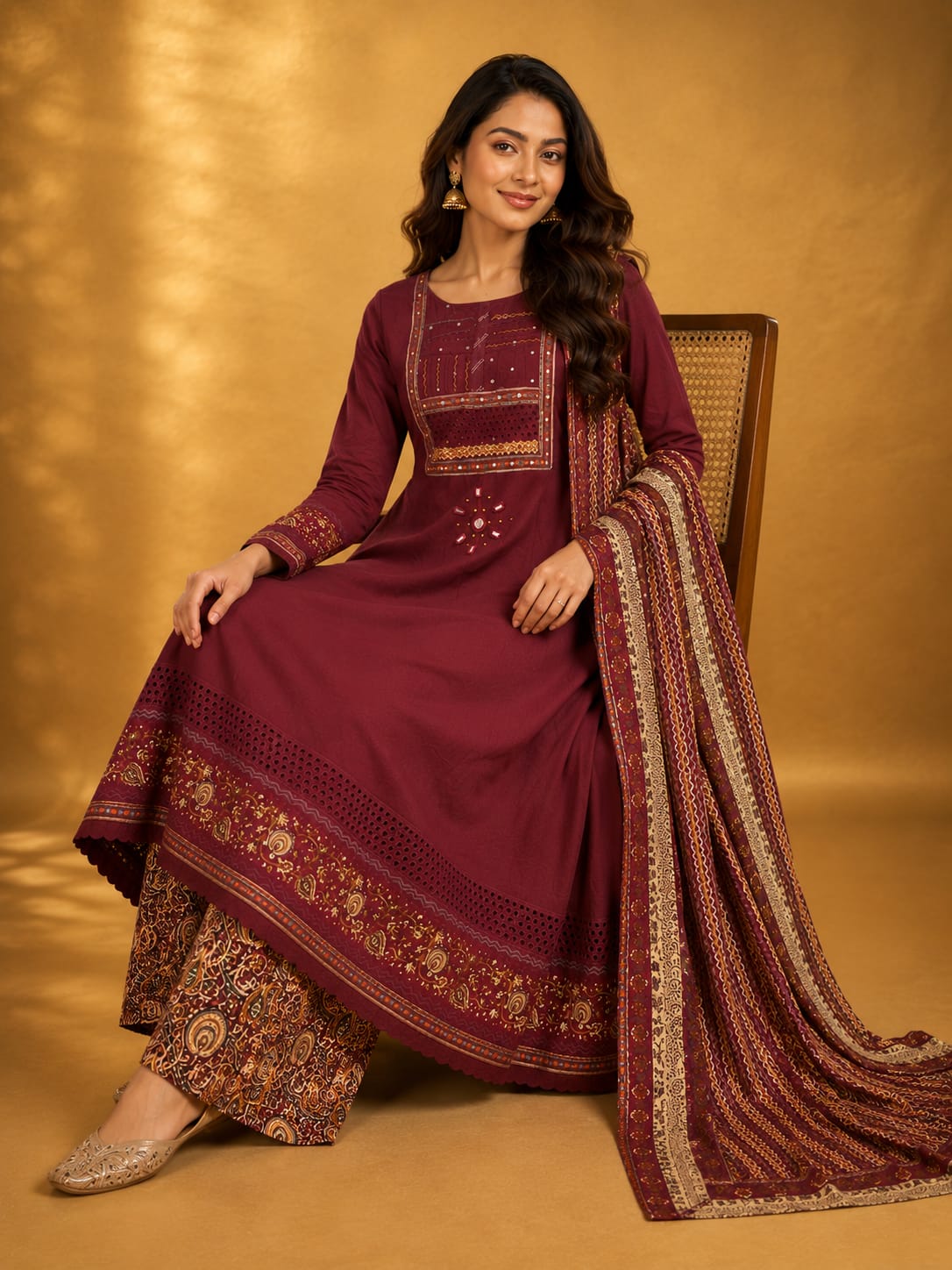 Marron Cotton Embroidery And Printed Anarkali Suit Set