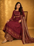 Marron Cotton Embroidery And Printed Anarkali Suit Set