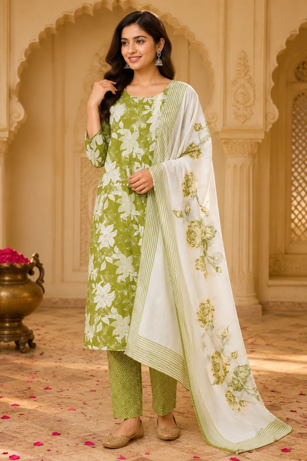 Green Cotton Floral Printed Straight Kurti Set