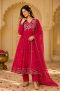 Rani Pink Cotton Embroidery Anarkali Suit Set