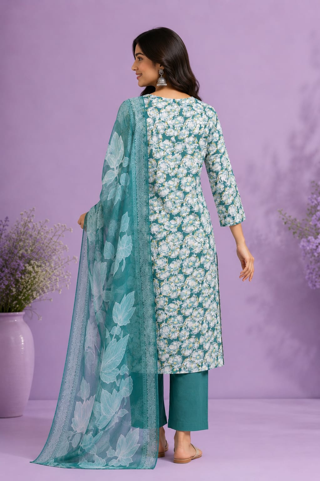 Blue Cotton Floral Printed Straight Kurti Set