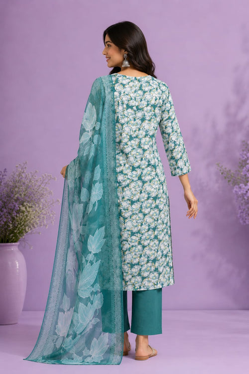 Blue Cotton Floral Printed Straight Kurti Set