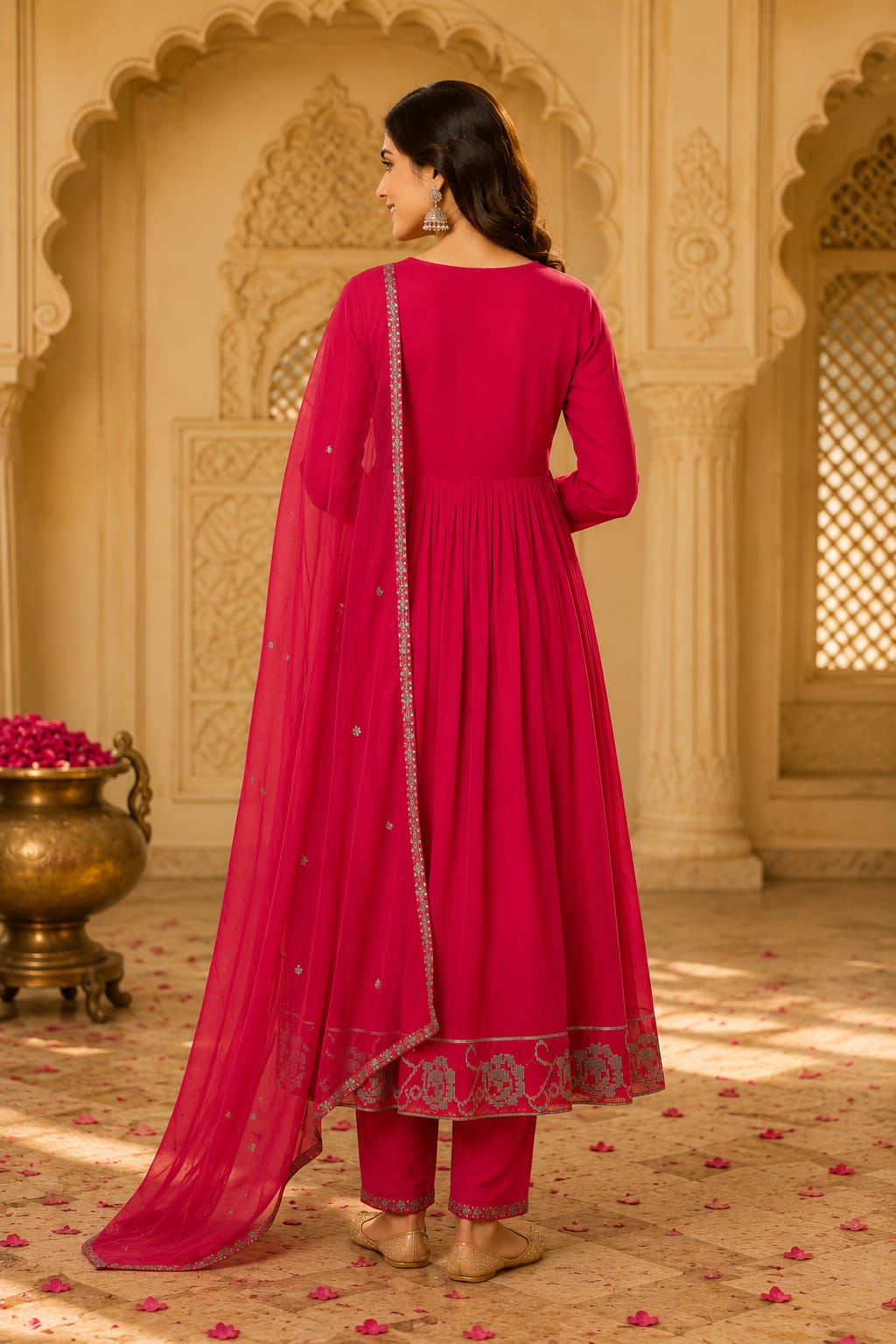 Rani Pink Cotton Embroidery Anarkali Suit Set