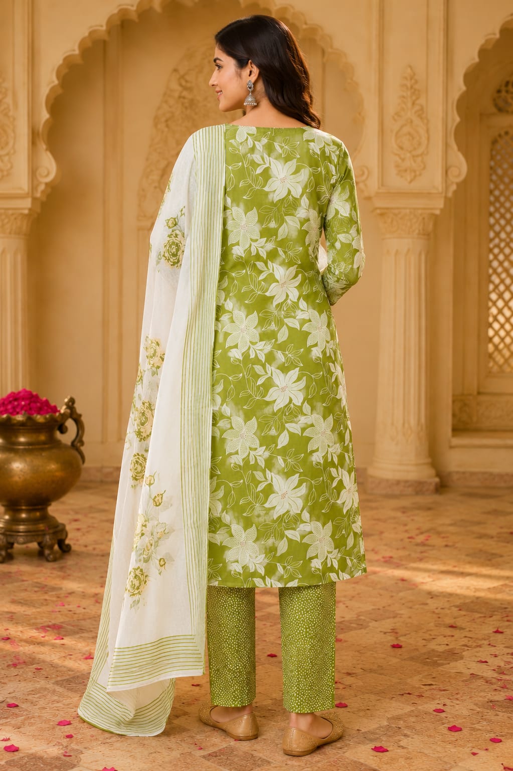 Green Cotton Floral Printed Straight Kurti Set