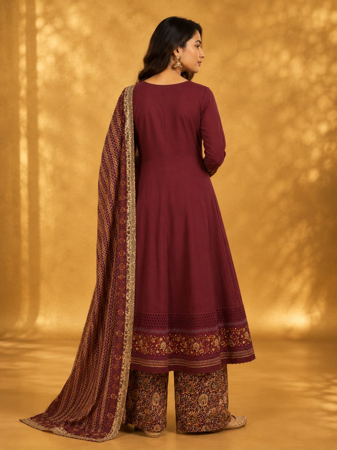 Marron Cotton Embroidery And Printed Anarkali Suit Set