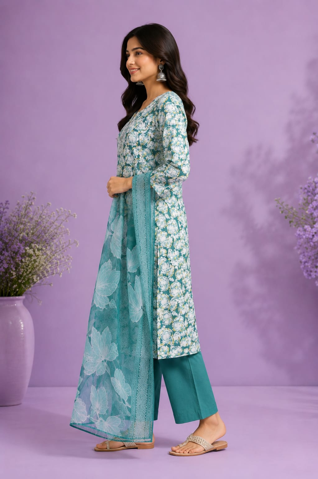 Blue Cotton Floral Printed Straight Kurti Set