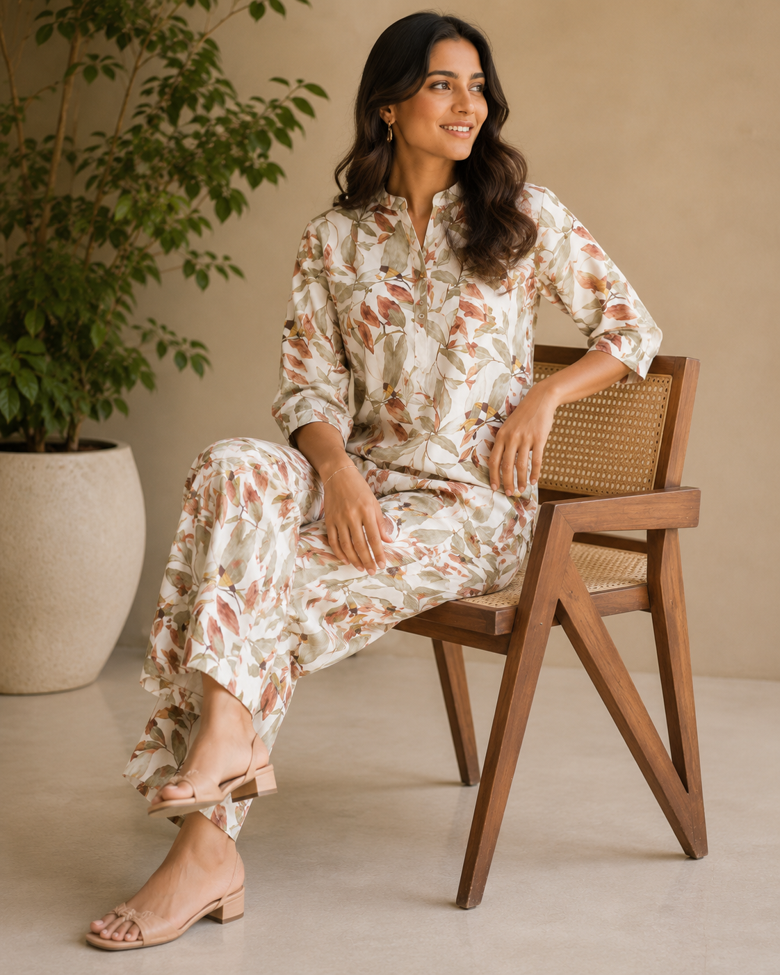 Ivory Floral Printed Co-Ord Set for Women (2-Piece)