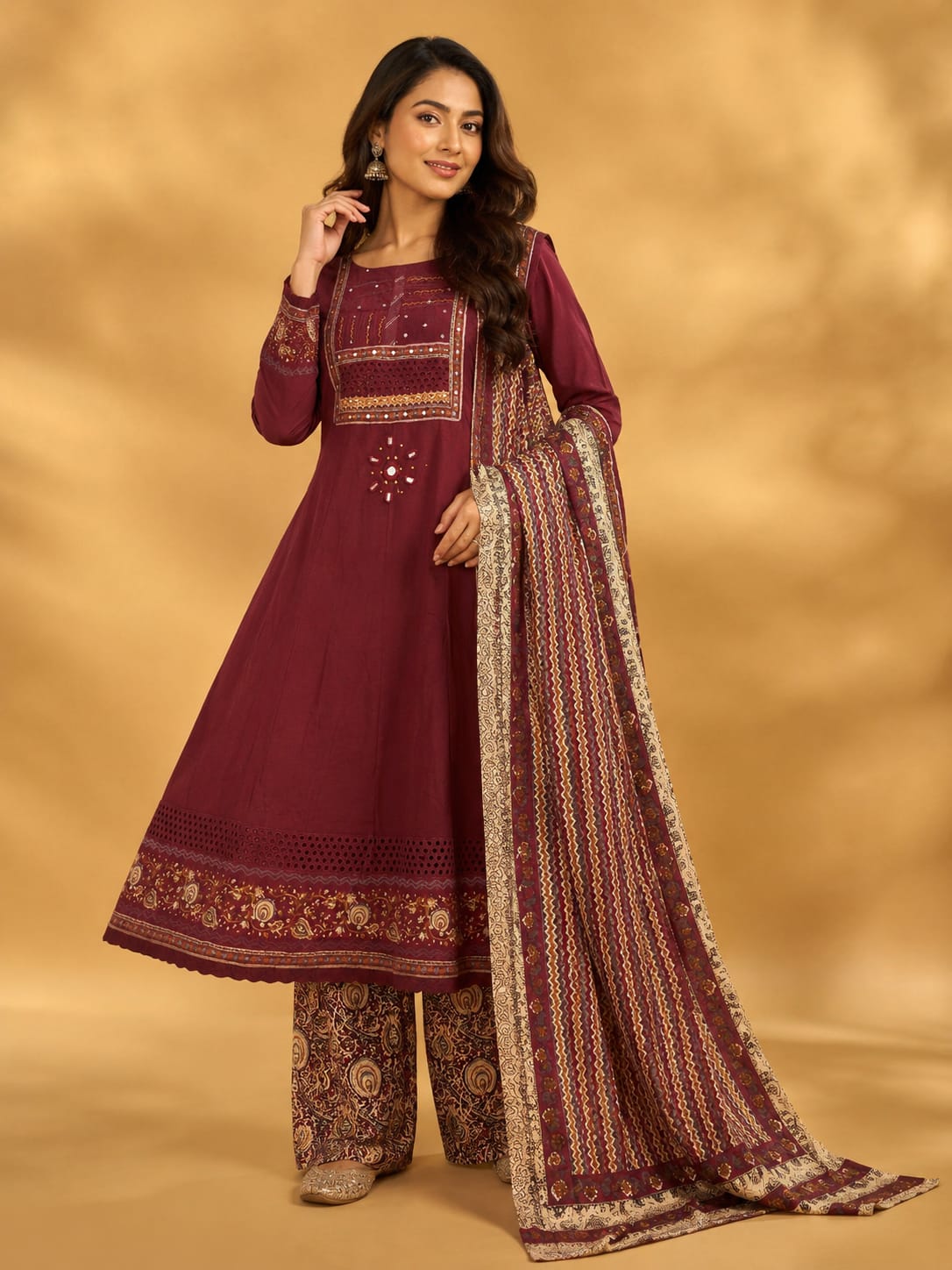 Marron Cotton Embroidery And Printed Anarkali Suit Set