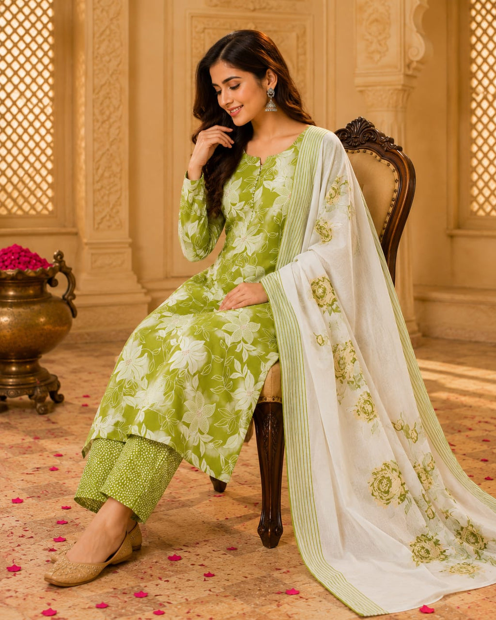 Green Cotton Floral Printed Straight Kurti Set