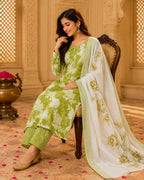Green Cotton Floral Printed Straight Kurti Set