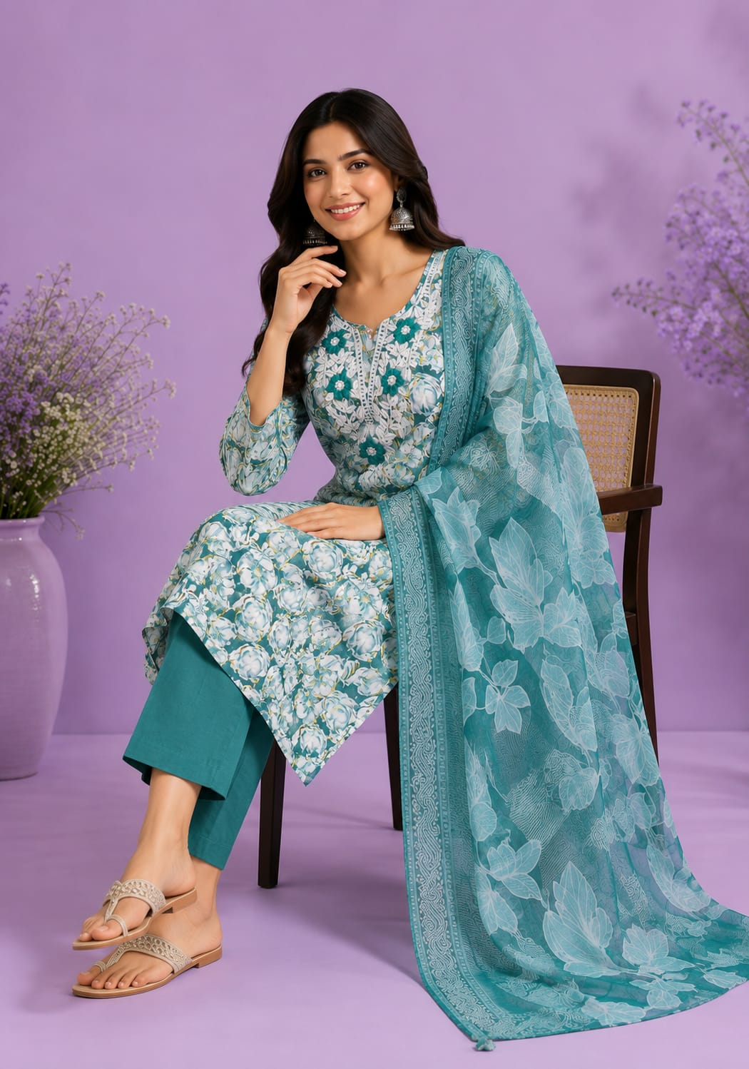Blue Cotton Floral Printed Straight Kurti Set