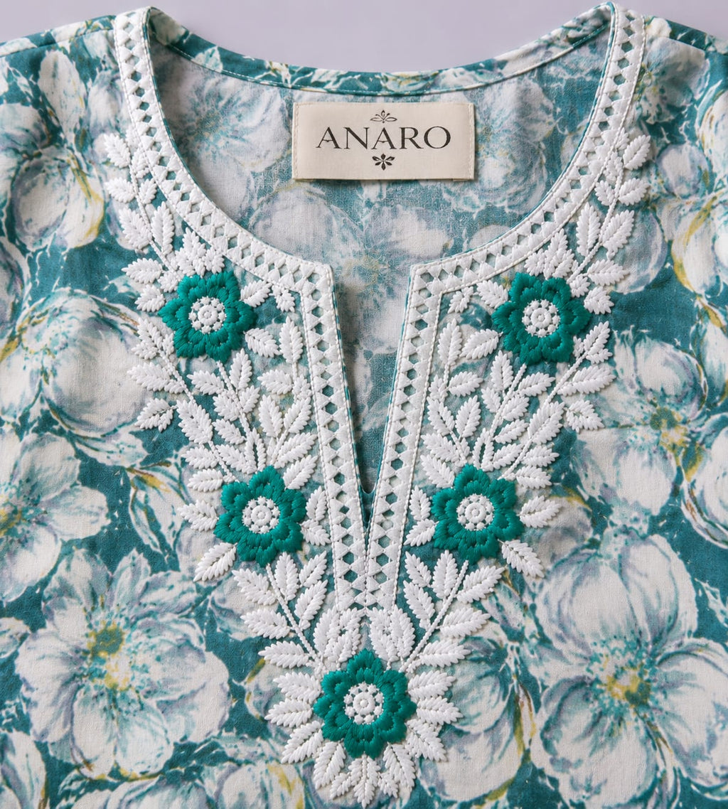 Blue Cotton Floral Printed Straight Kurti Set