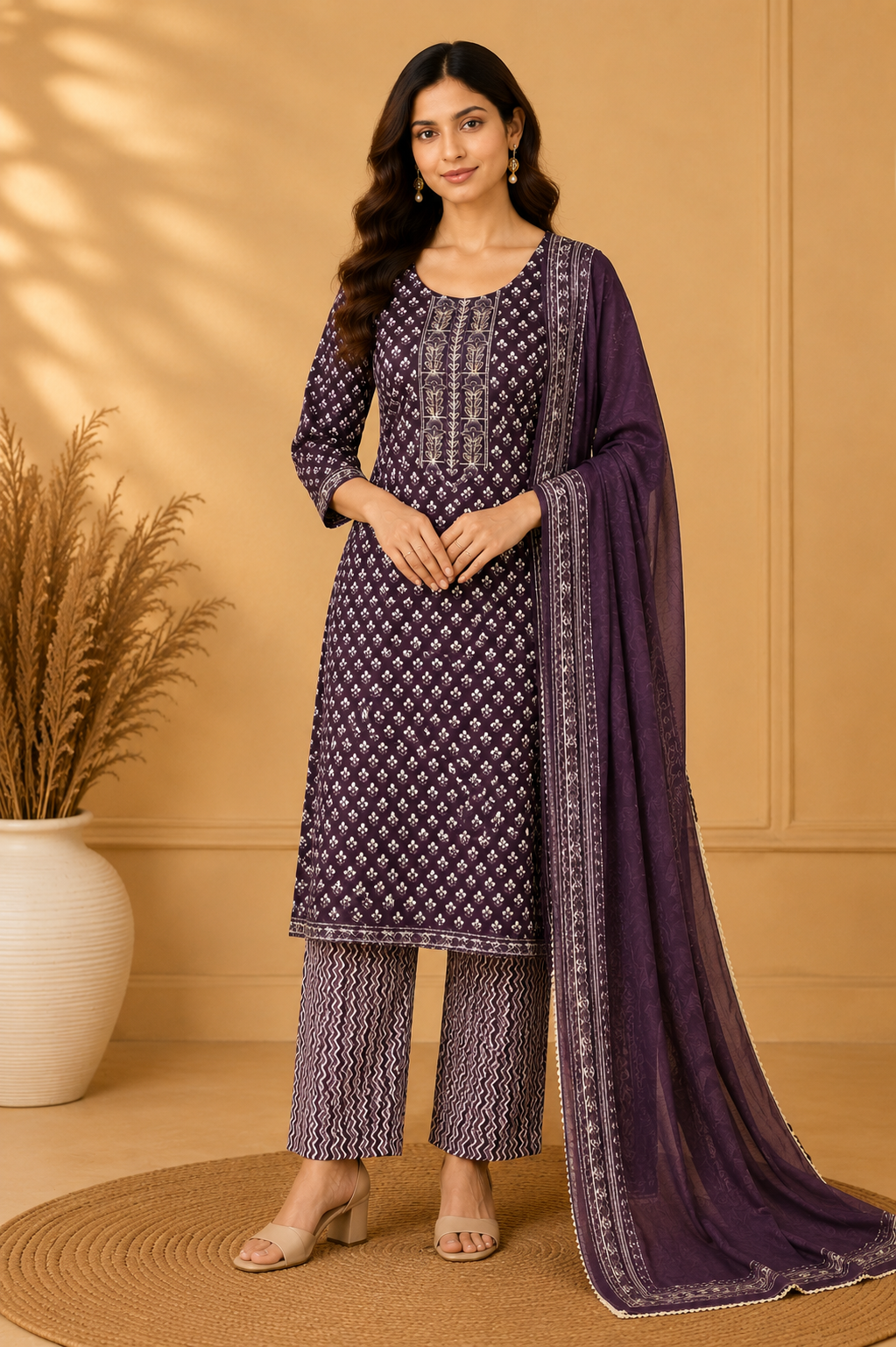 Premium Purple Printed 3-Piece Kurti Set with Mal Dupatta