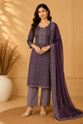 Premium Purple Printed 3-Piece Kurti Set with Mal Dupatta