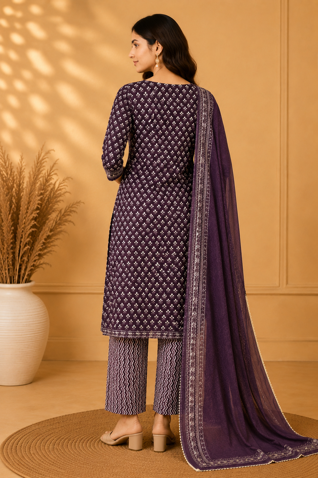 Premium Purple Printed 3-Piece Kurti Set with Mal Dupatta