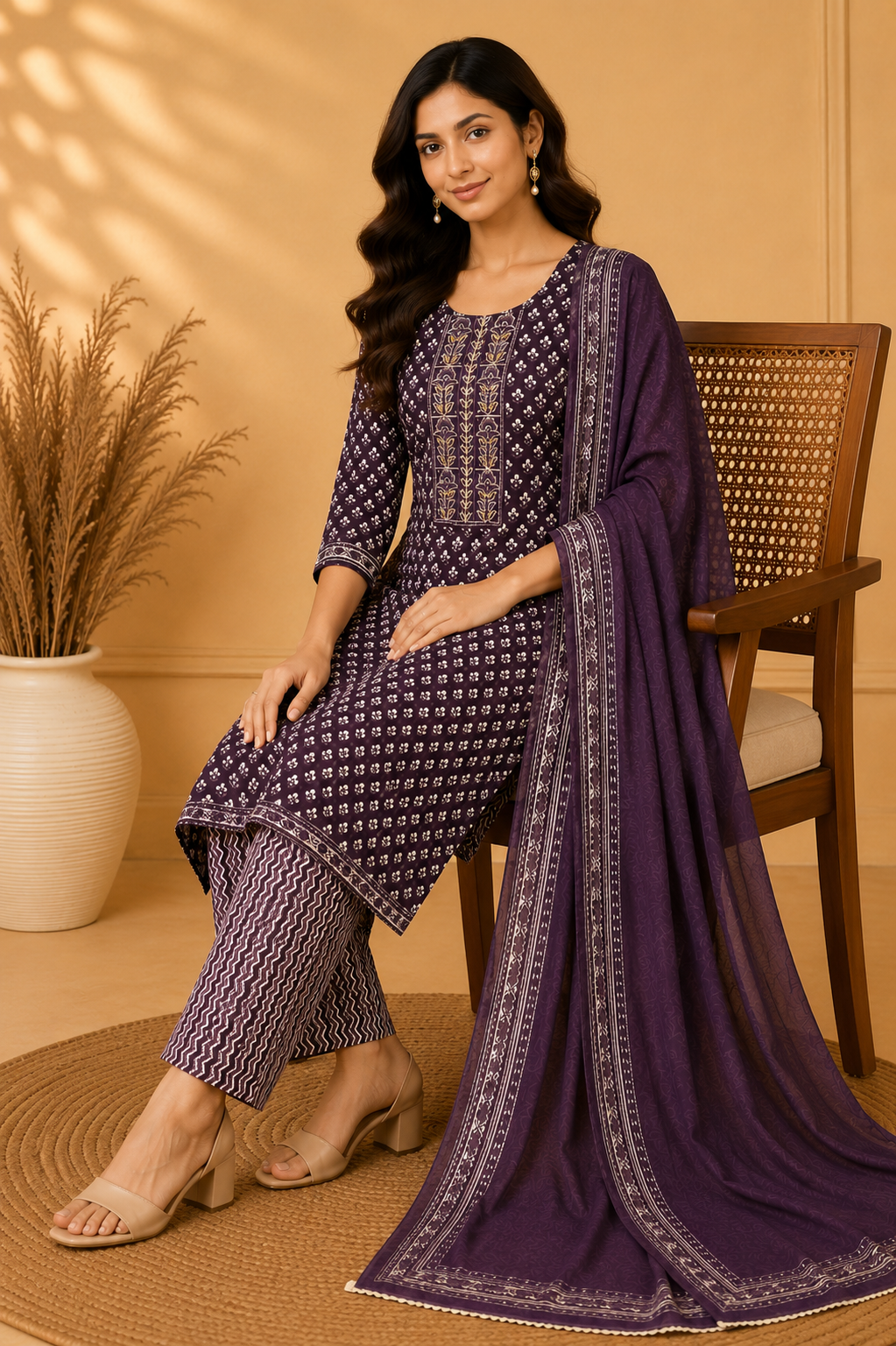 Premium Purple Printed 3-Piece Kurti Set with Mal Dupatta