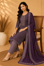 Premium Purple Printed 3-Piece Kurti Set with Mal Dupatta