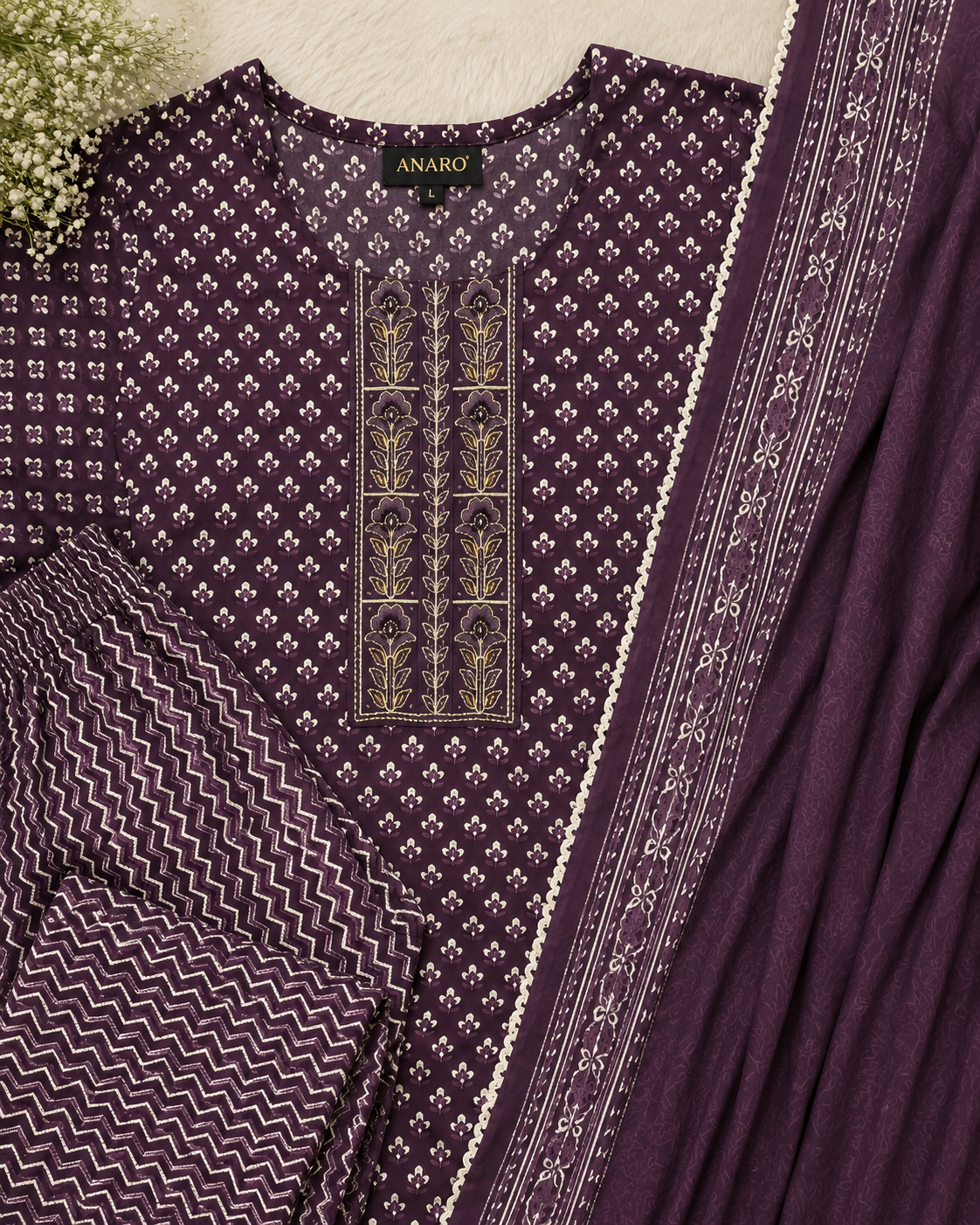 Premium Purple Printed 3-Piece Kurti Set with Mal Dupatta