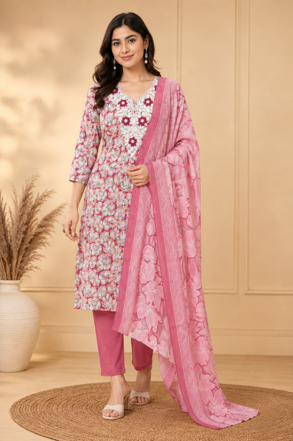 Cotton Floral Printed Straight Kurti Suit Set with Cotton Pant & Printed Dupatta | 3-Piece Ethnic Set