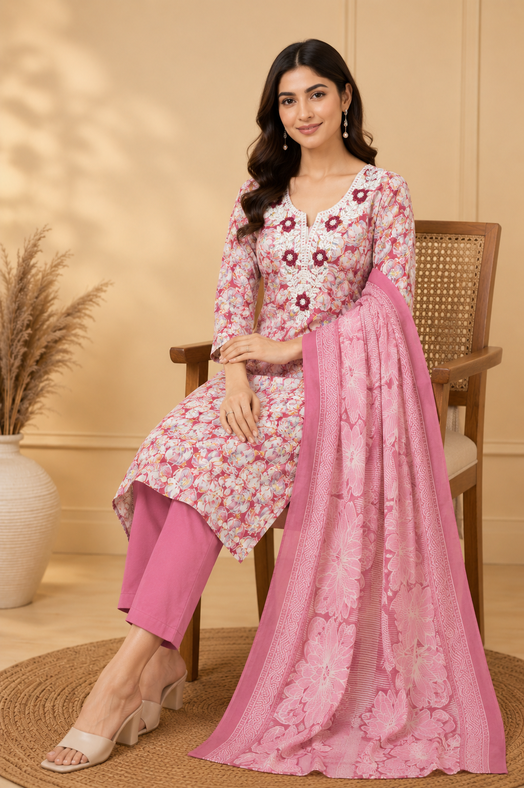 Cotton Floral Printed Straight Kurti Suit Set with Cotton Pant & Printed Dupatta | 3-Piece Ethnic Set