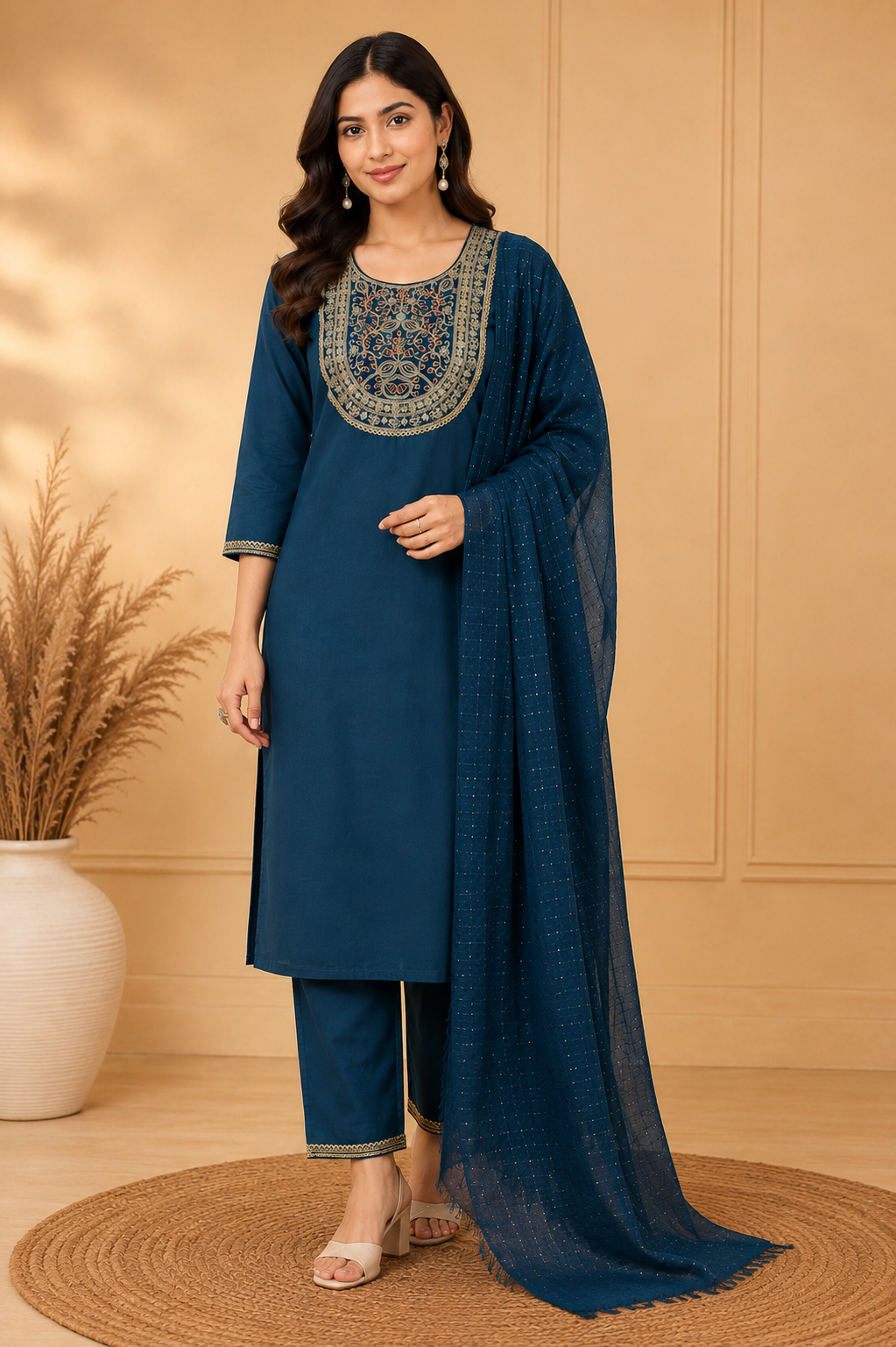 Cotton Embroidered Straight Kurti Suit Set with Cotton Pant & Cotton Dupatta | 3-Piece Ethnic Set
