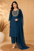 Cotton Embroidered Straight Kurti Suit Set with Cotton Pant & Cotton Dupatta | 3-Piece Ethnic Set