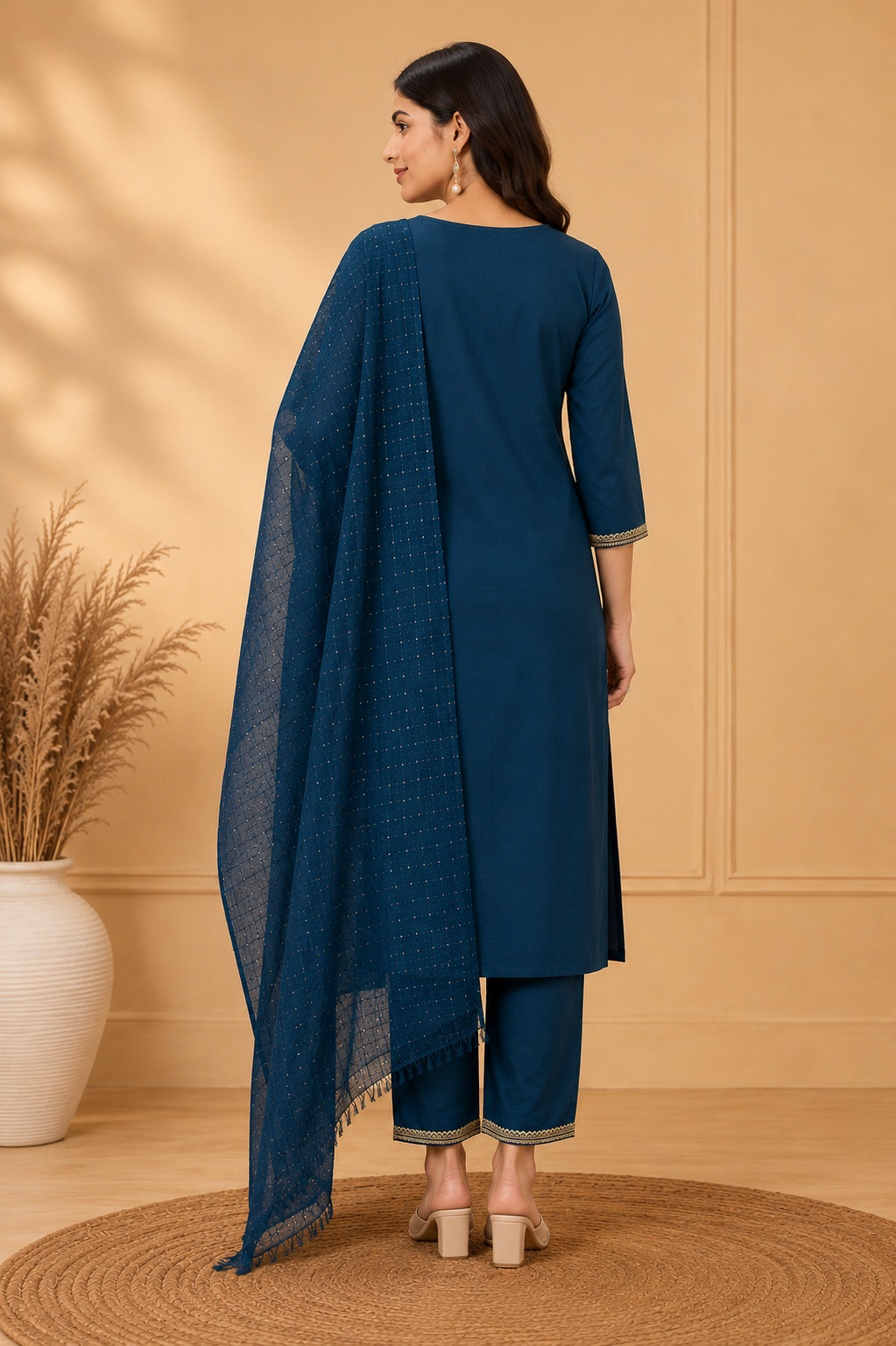 Cotton Embroidered Straight Kurti Suit Set with Cotton Pant & Cotton Dupatta | 3-Piece Ethnic Set
