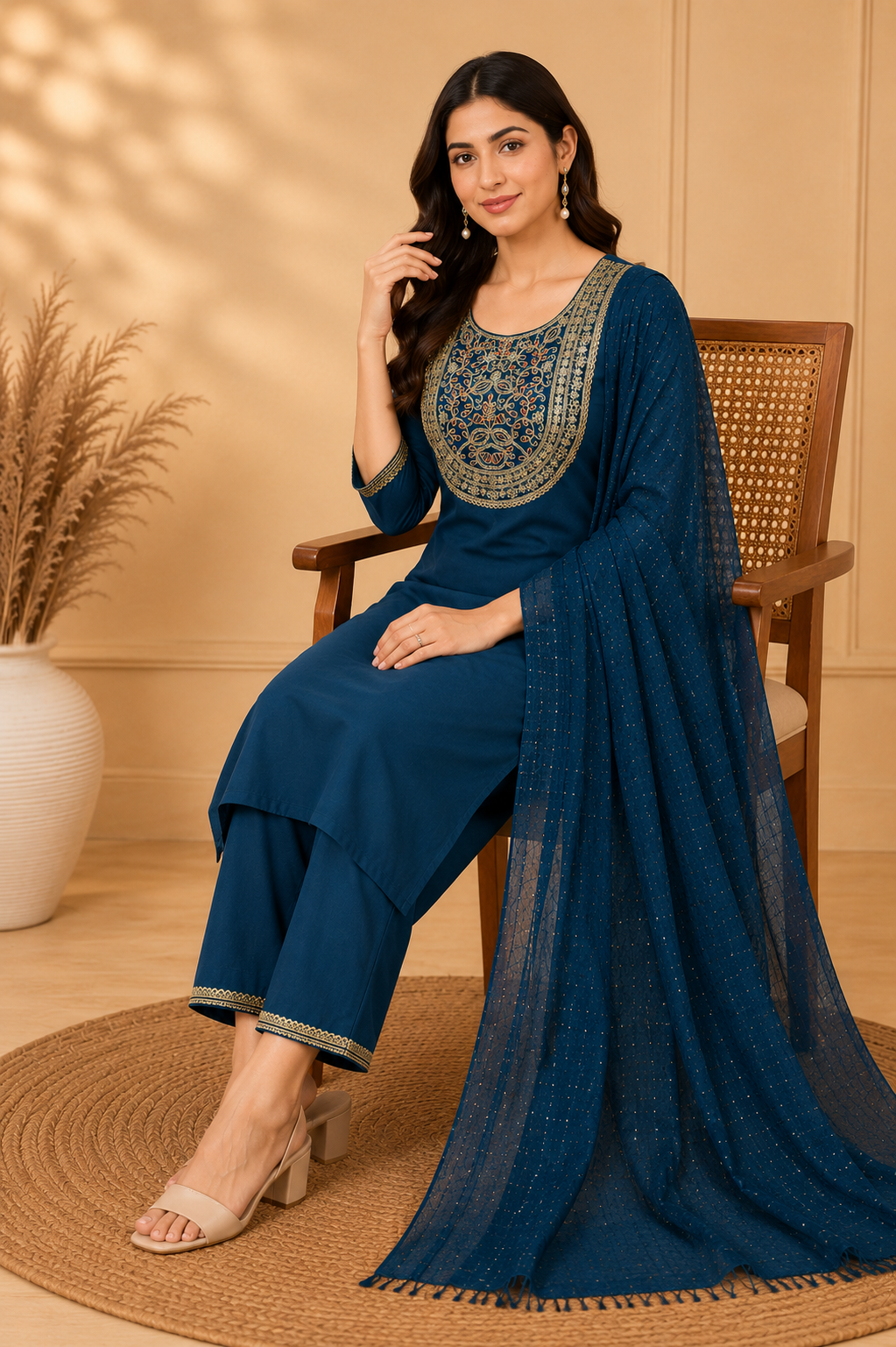 Cotton Embroidered Straight Kurti Suit Set with Cotton Pant & Cotton Dupatta | 3-Piece Ethnic Set