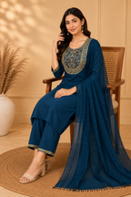 Cotton Embroidered Straight Kurti Suit Set with Cotton Pant & Cotton Dupatta | 3-Piece Ethnic Set
