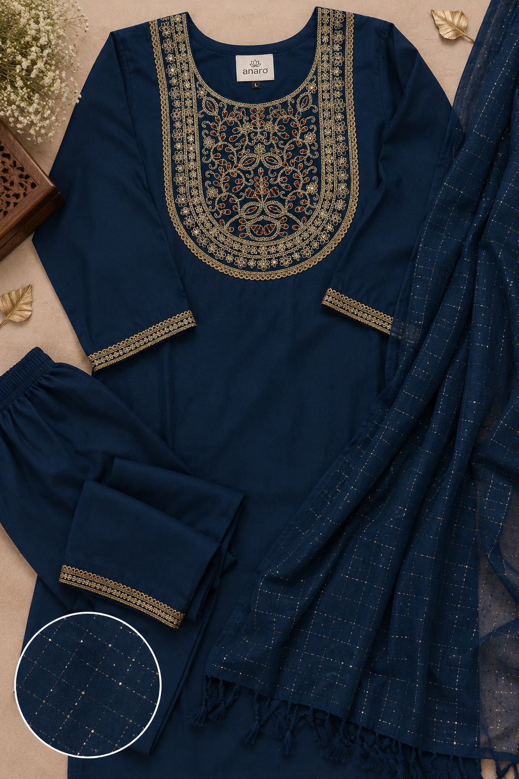 Cotton Embroidered Straight Kurti Suit Set with Cotton Pant & Cotton Dupatta | 3-Piece Ethnic Set