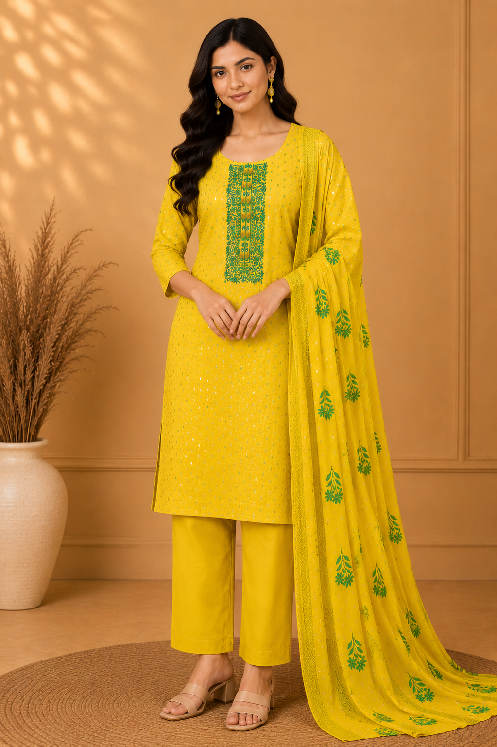 Cotton Embroidered Straight Kurti Suit Set with Cotton Pant & Printed Dupatta | 3-Piece Ethnic Set