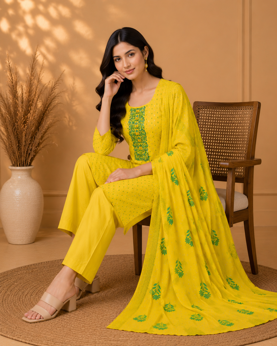 Cotton Embroidered Straight Kurti Suit Set with Cotton Pant & Printed Dupatta | 3-Piece Ethnic Set