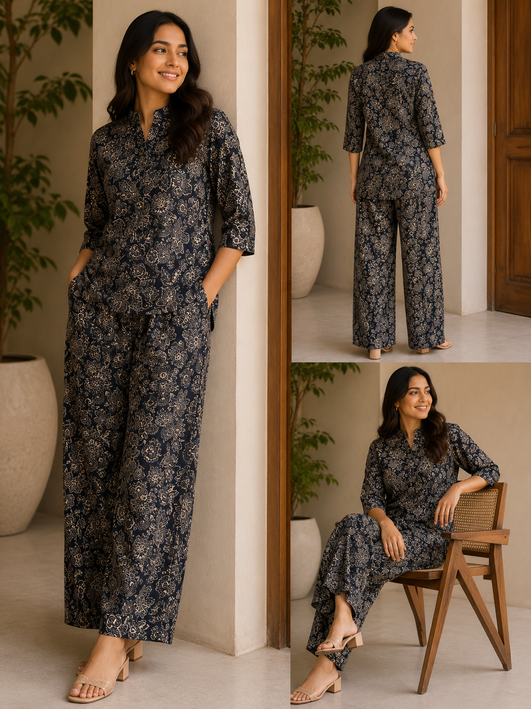 Premium Cotton Printed Co-Ord Set | Floral Print Top with Wide-Leg Pants | 2-Piece Cord Set