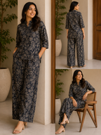 Premium Cotton Printed Co-Ord Set | Floral Print Top with Wide-Leg Pants | 2-Piece Cord Set
