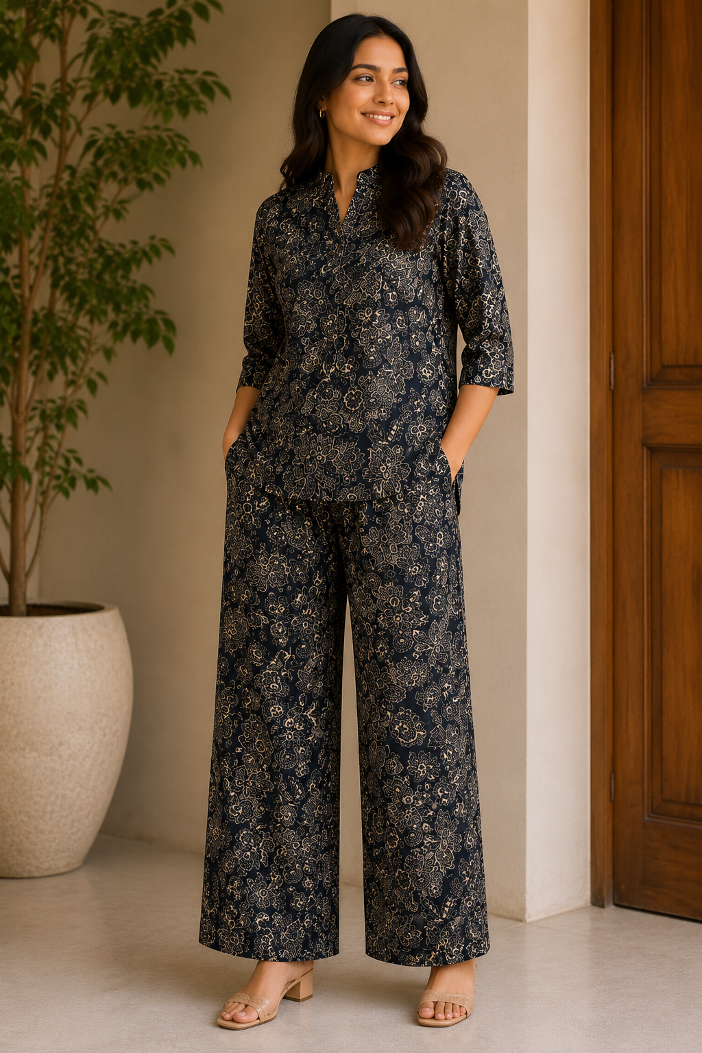 Premium Cotton Printed Co-Ord Set | Floral Print Top with Wide-Leg Pants | 2-Piece Cord Set