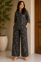Premium Cotton Printed Co-Ord Set | Floral Print Top with Wide-Leg Pants | 2-Piece Cord Set