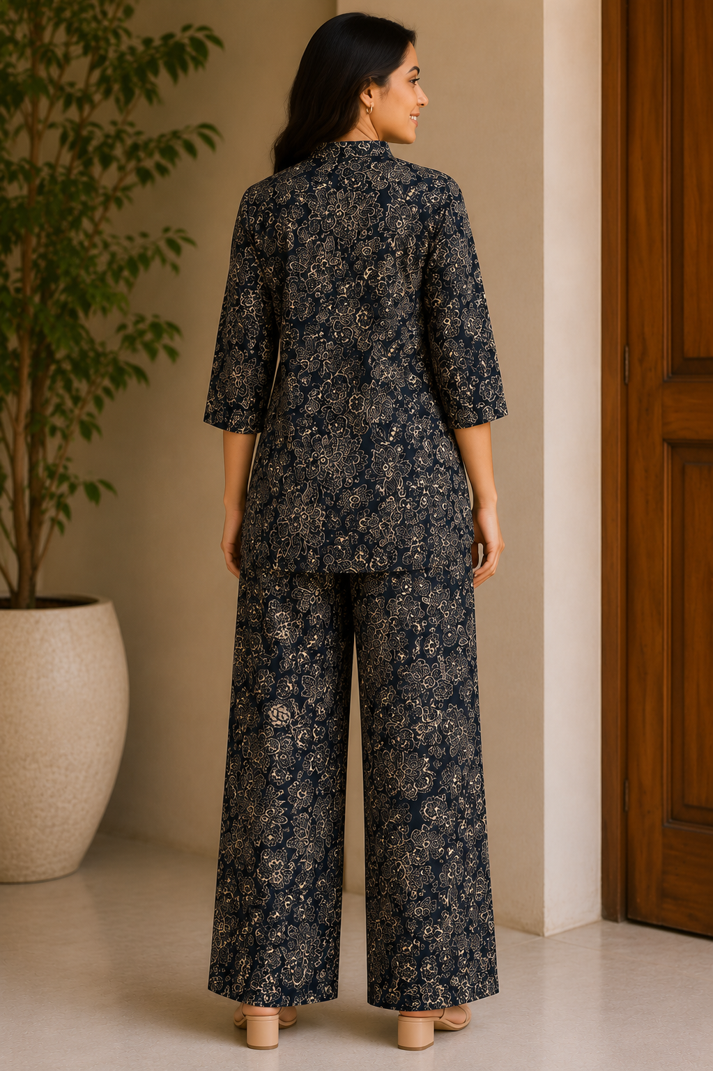 Premium Cotton Printed Co-Ord Set | Floral Print Top with Wide-Leg Pants | 2-Piece Cord Set