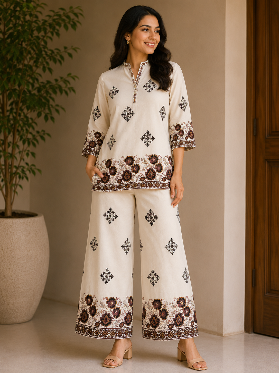 Premium Cotton Printed Co-Ord Set | Ethnic Floral Print Top with Wide-Leg Pants | 2-Piece Cord Set