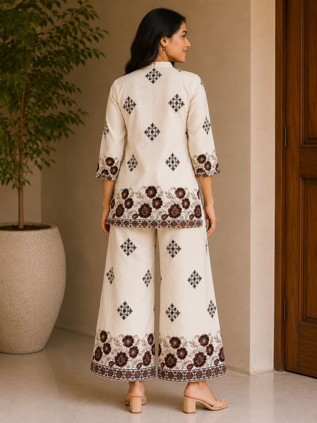 Premium Cotton Printed Co-Ord Set | Ethnic Floral Print Top with Wide-Leg Pants | 2-Piece Cord Set