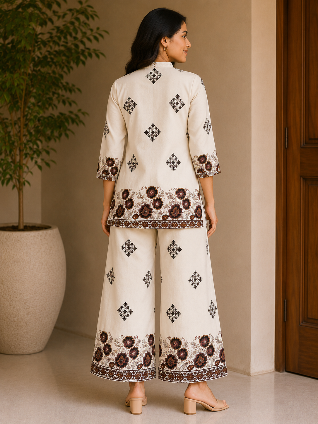Premium Cotton Printed Co-Ord Set | Ethnic Floral Print Top with Wide-Leg Pants | 2-Piece Cord Set
