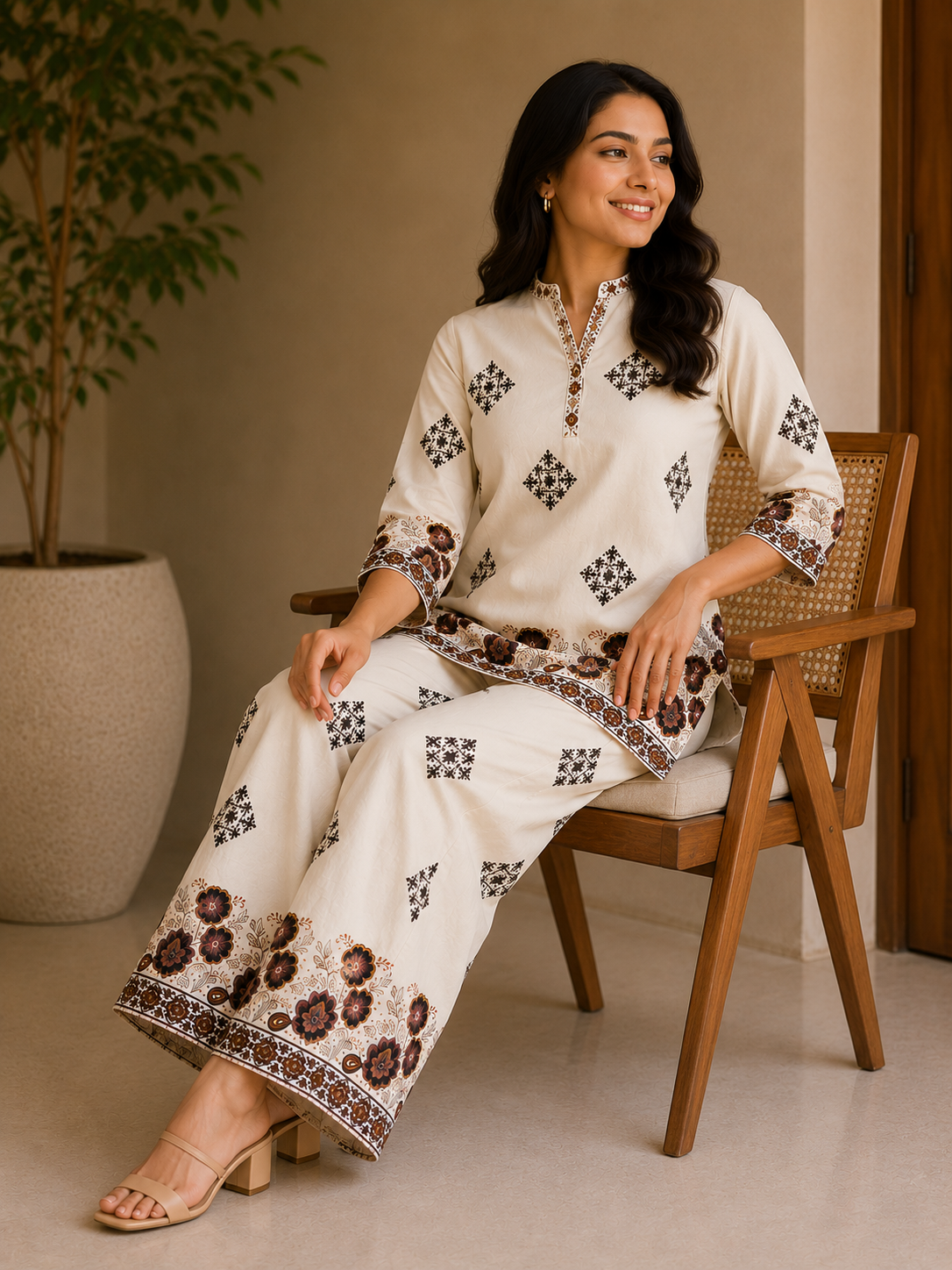 Premium Cotton Printed Co-Ord Set | Ethnic Floral Print Top with Wide-Leg Pants | 2-Piece Cord Set