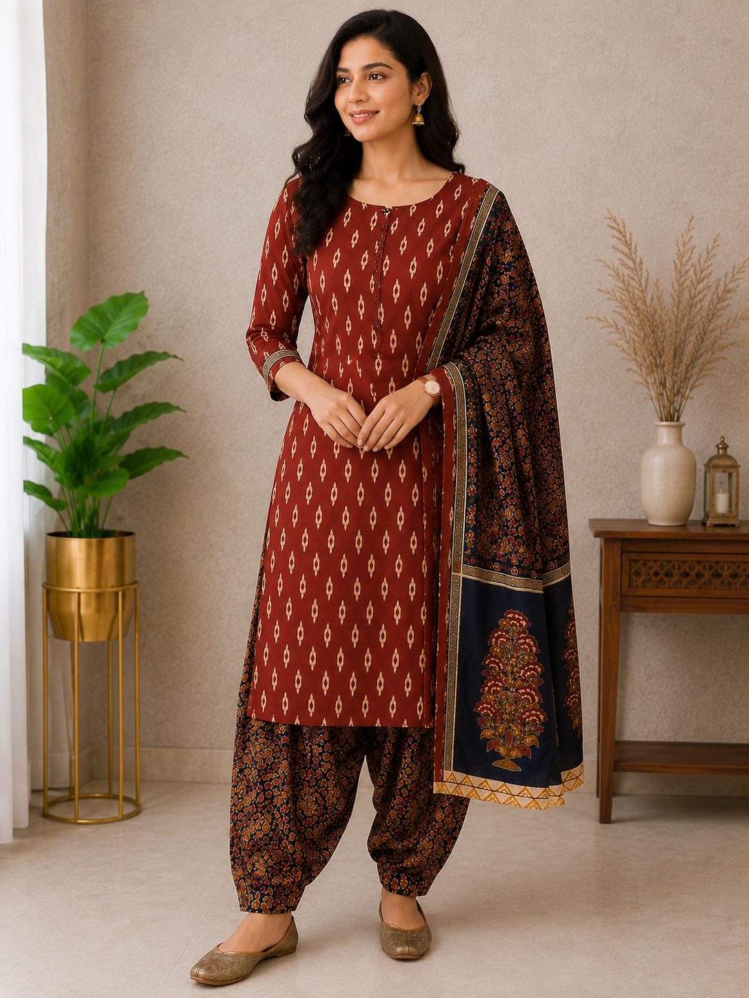 ANARO Women's Maroon Printed Kurta Patiala Set with Dupatta