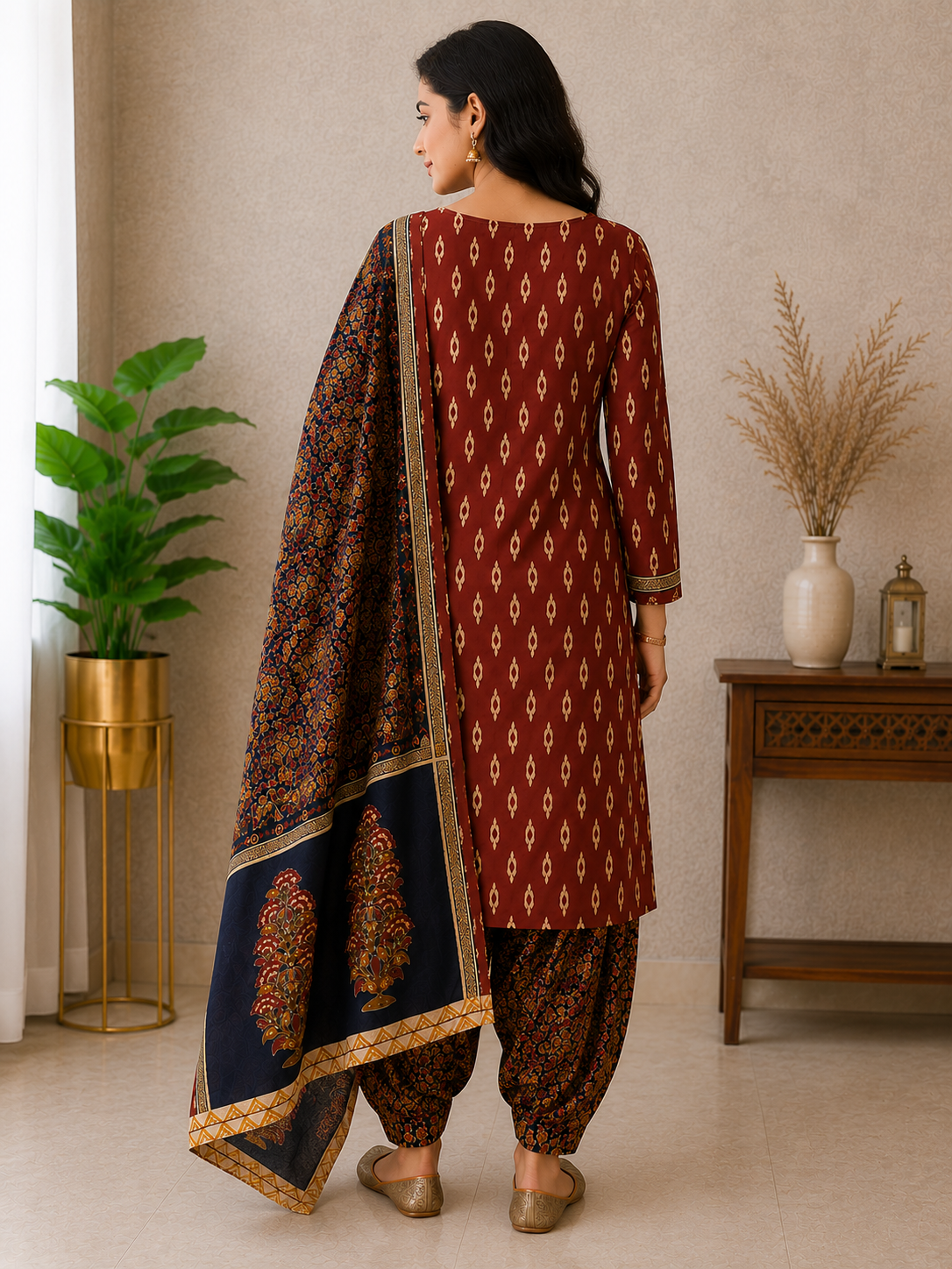 ANARO Women's Maroon Printed Kurta Patiala Set with Dupatta