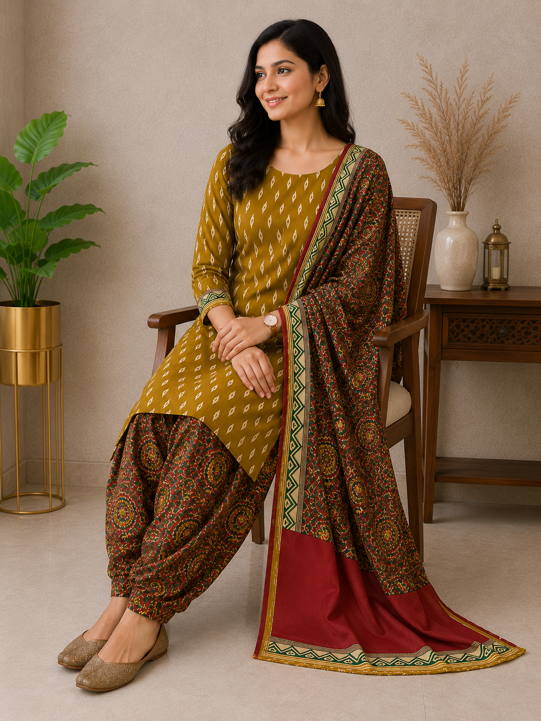 ANARO Women's Mustard Printed Kurta Patiala Set with Dupatta