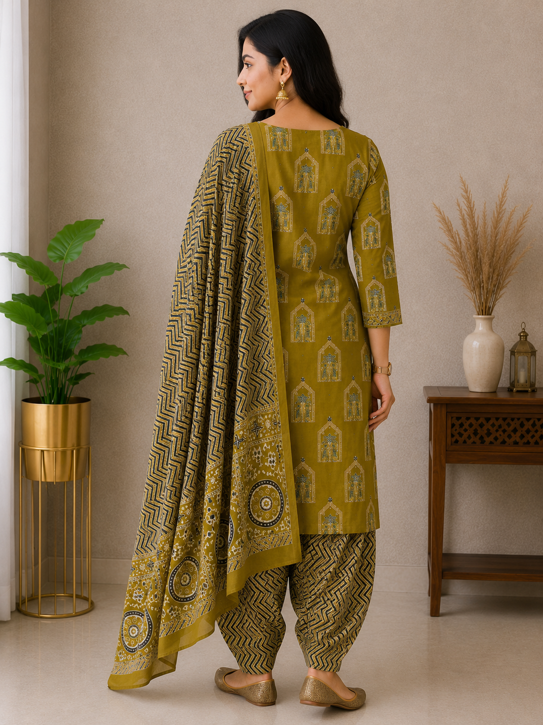 ANARO Olive Green Printed Cotton Blend Kurta Patiala Set with Dupatta for Women
