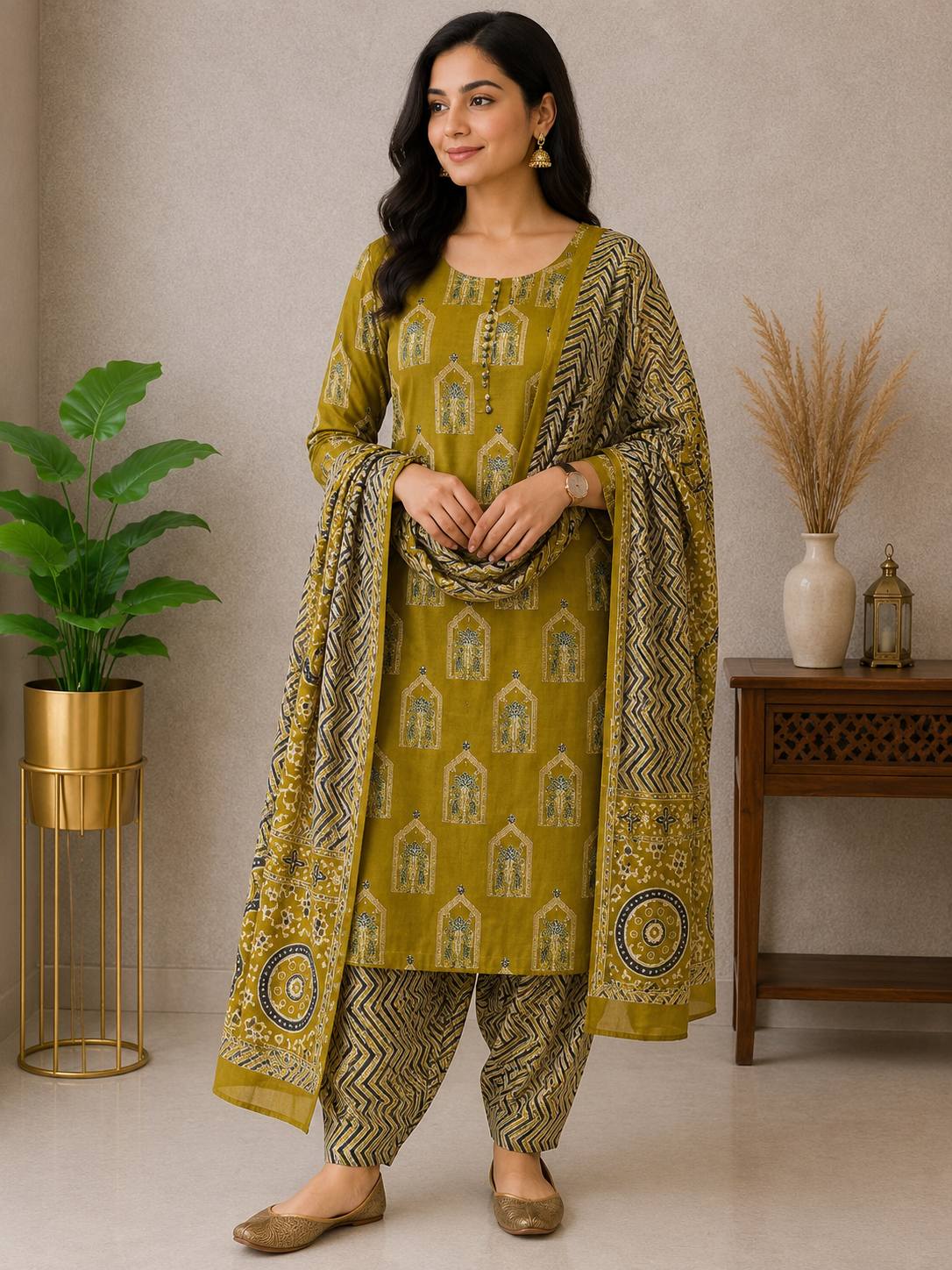 ANARO Olive Green Printed Cotton Blend Kurta Patiala Set with Dupatta for Women