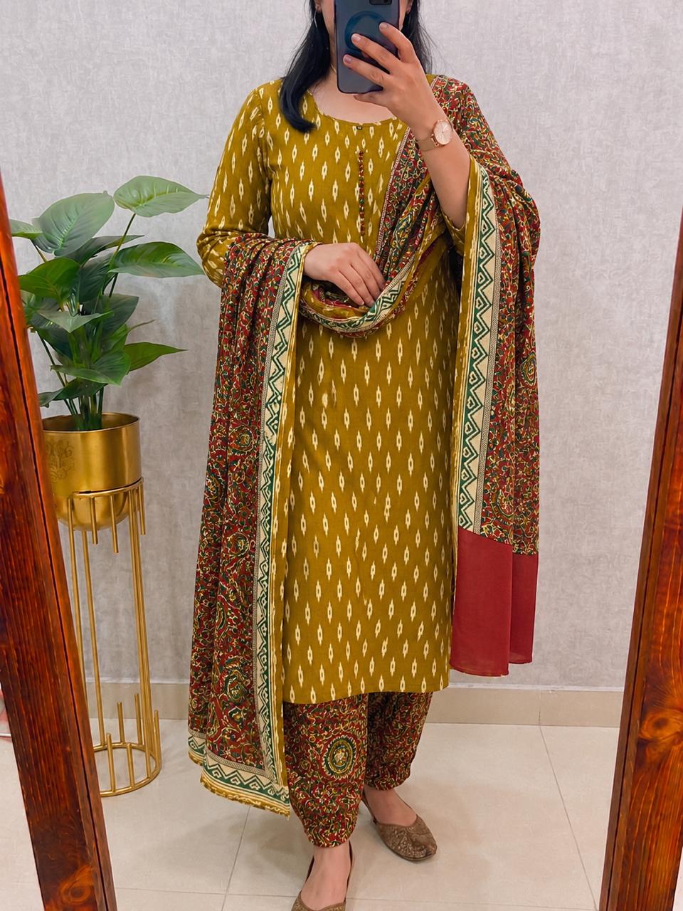 ANARO Women's Mustard Printed Kurta Patiala Set with Dupatta