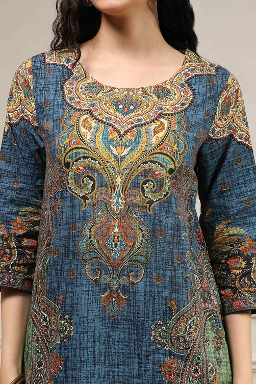 Blue Cotton Printed Straight Kurta